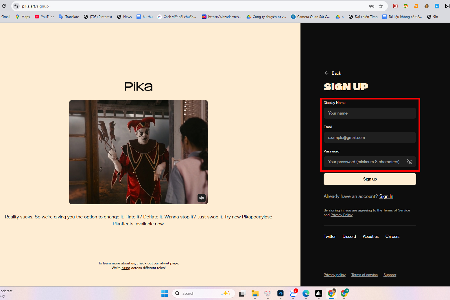 Bước 1: Truy cập nền tảng Pika.art tại link: https://pika.art/signup và điền thông tin Display Name, Email, Password (ít nhất 8 ký tự, chữ in hoa và ký tự đặc biệt) để đăng ký tài khoản.