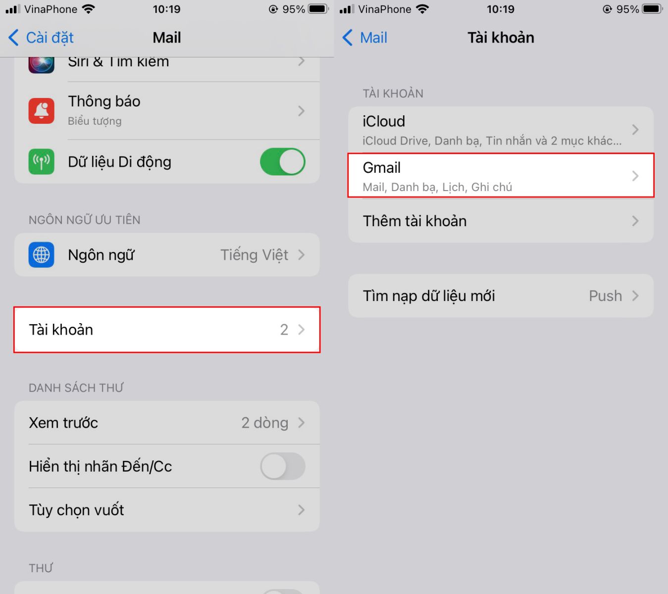 Mở ô Tài khoản và chọn vào Gmail.