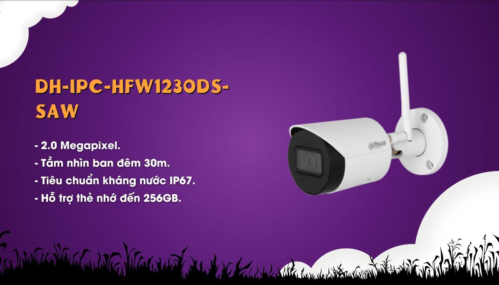 Camera IP Wifi 2MP thân trụ DAHUA DH-IPC-HFW1230DS-SAW.