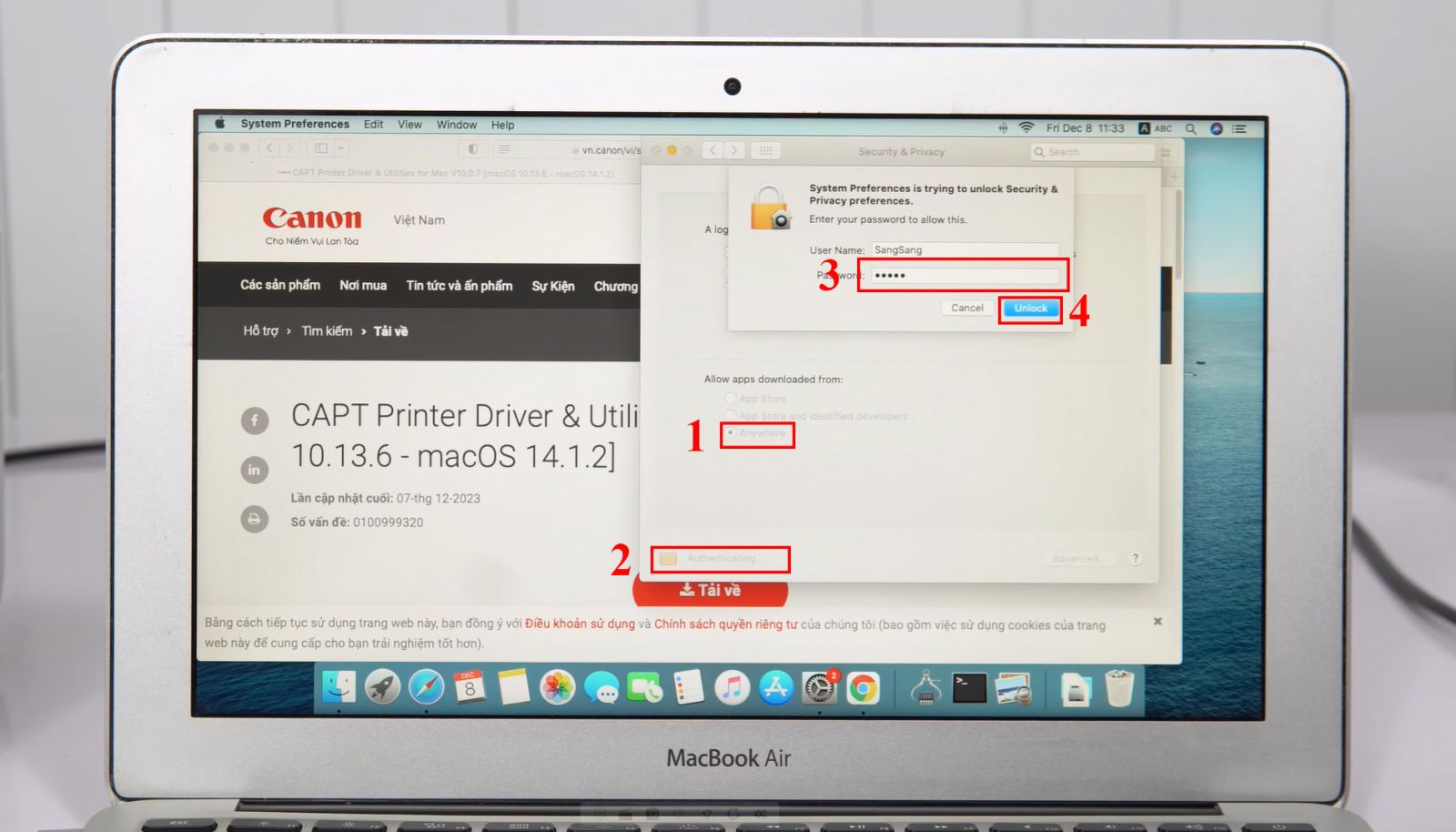 Chọn mục Anywhere. Nhấp vào Click the lock to make changes → nhập mật khẩu máy tính → nhấn Unlock.