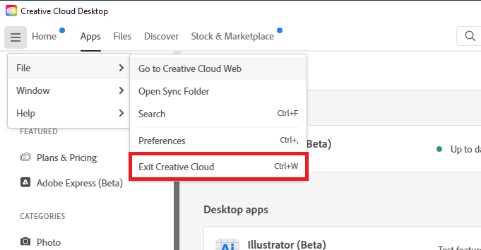 Bạn chọn mục File, sau đó chọn Exit Creative Cloud để thoát hoàn toàn ứng dụng Adobe Creative Cloud apps.