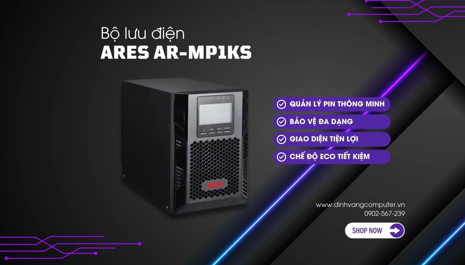 Bộ lưu điện Online ARES AR-MP1KS (1000VA/1000W)