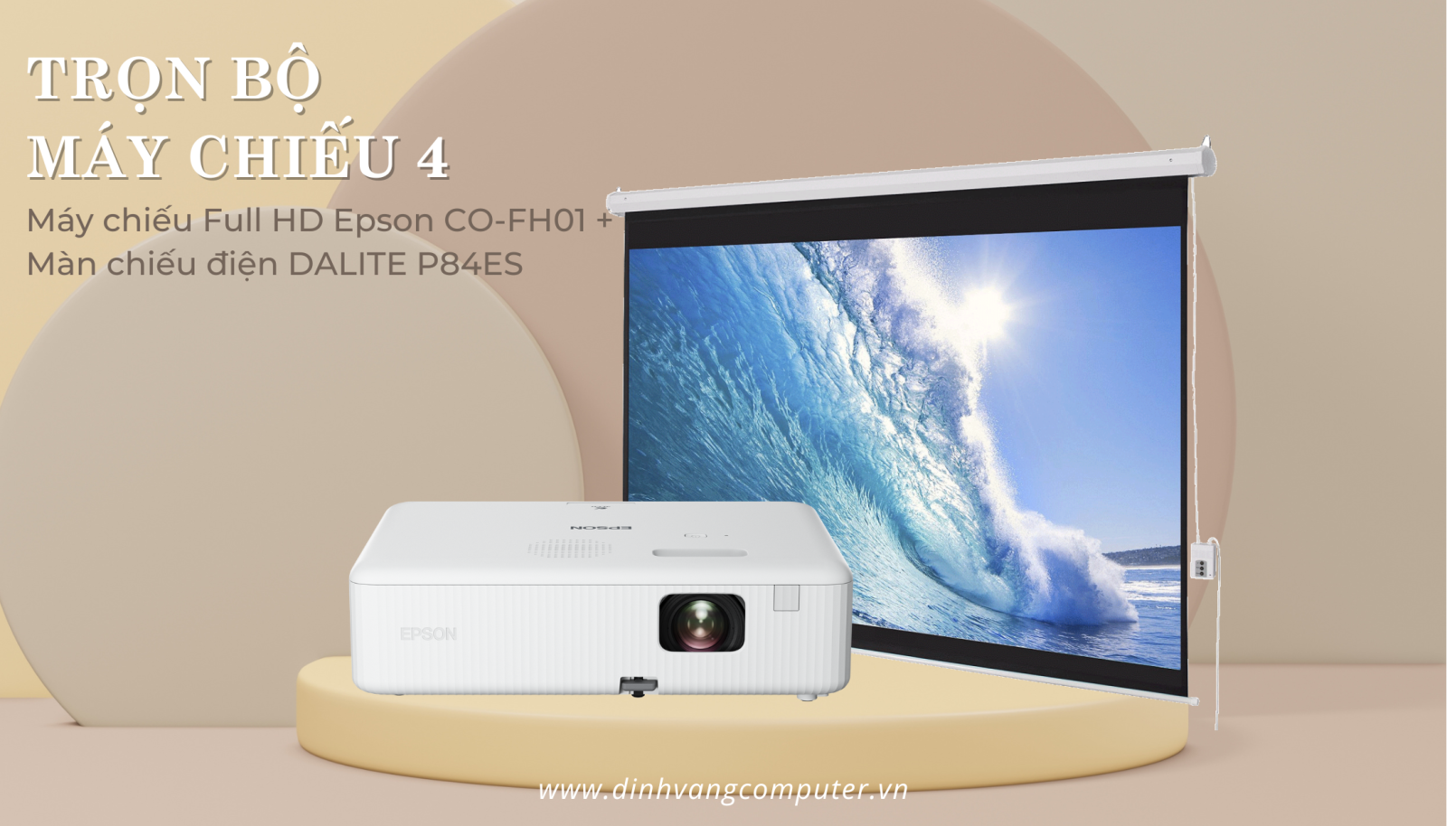 Trọn bộ máy chiếu 4: Máy chiếu Full HD Epson CO-FH01 + Màn chiếu điện DALITE P84ES + Khung treo.