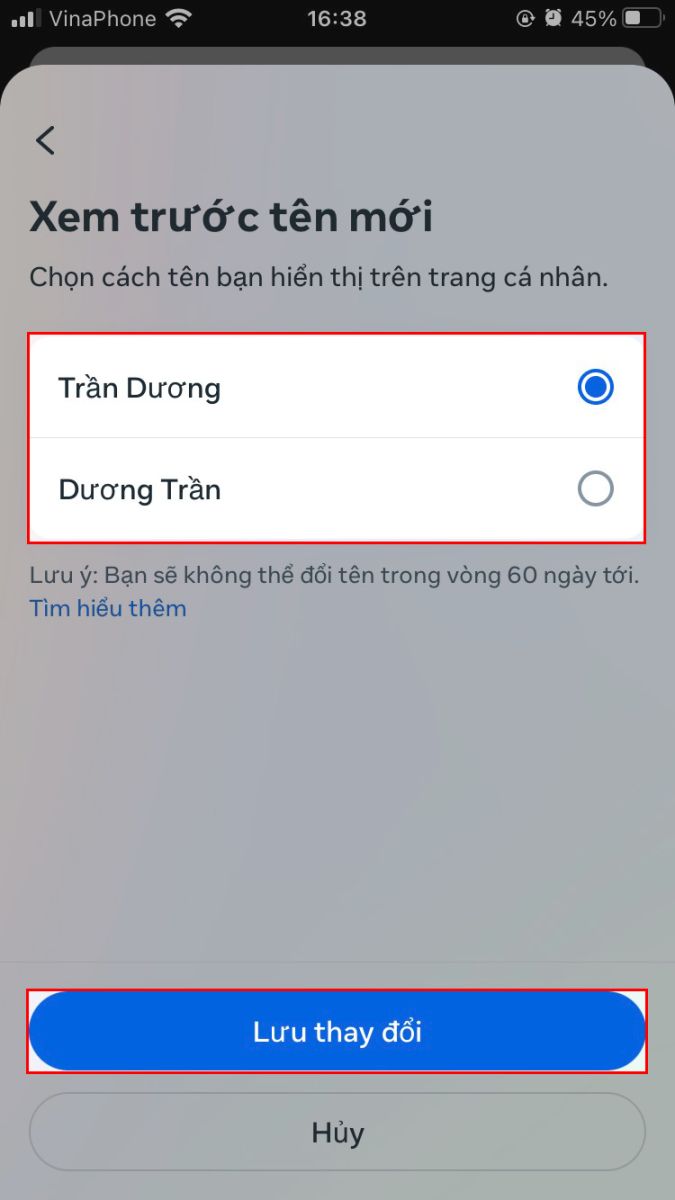 Chọn tên mà bạn muốn hiển thị trên trang cá nhân của mình và bấm Xong.
